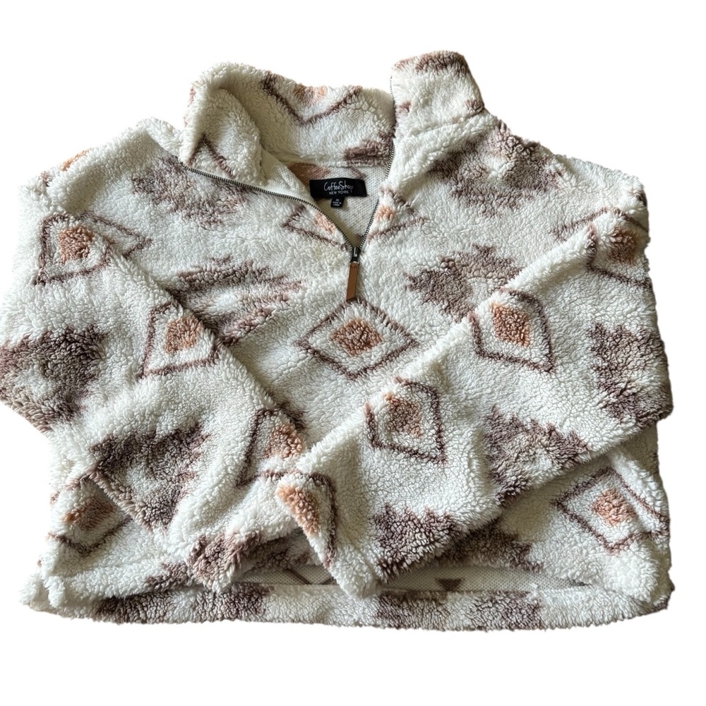 CoffeeShop White and Brown Patterned Teddy Jacket
